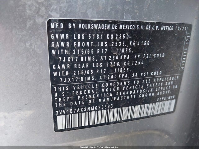 44720443 :رقم المزاد ، 3VV1B7AX3NM028383 vin ، 2022 Volkswagen Tiguan 2.0t S مزاد بيع