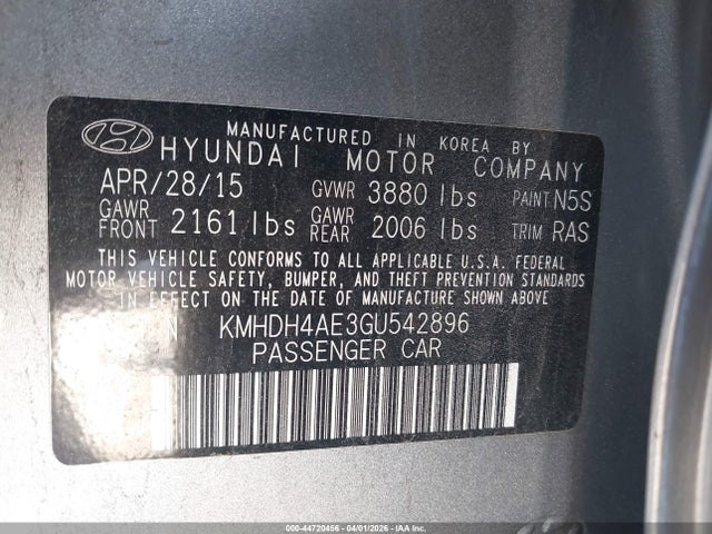 Продаж на аукціоні авто 2016 Hyundai Elantra Se, vin: KMHDH4AE3GU542896, номер лоту: 44720456