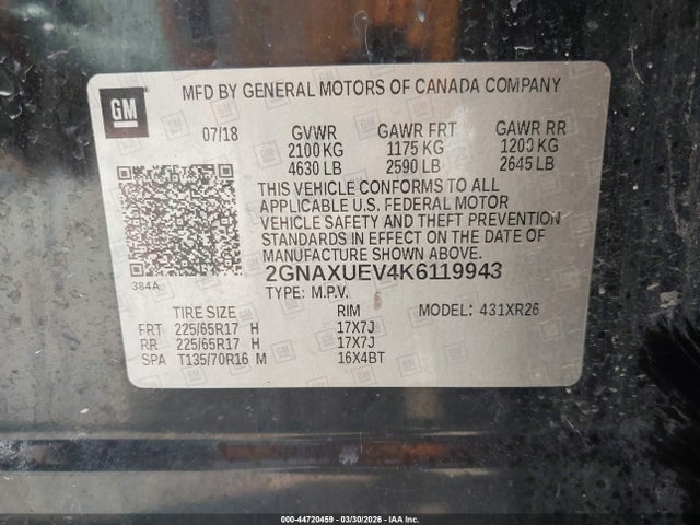 Продаж на аукціоні авто 2019 Chevrolet Equinox Lt, vin: 2GNAXUEV4K6119943, номер лоту: 44720459