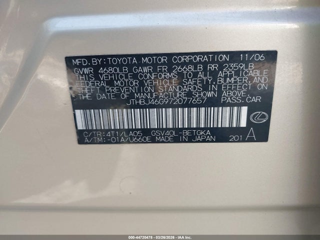 Продаж на аукціоні авто 2007 Lexus Es 350, vin: JTHBJ46G972077657, номер лоту: 44720478