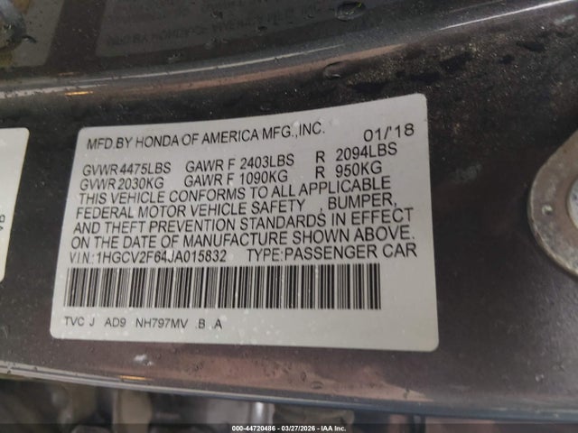 2018 Honda Accord Ex-l 2.0t მანქანა იყიდება აუქციონზე, vin: 1HGCV2F64JA015832, აუქციონის ნომერი: 44720486