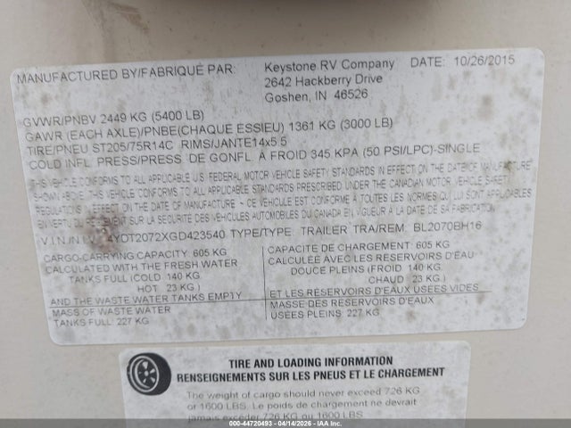 4YDT2072XGD423540 Keystone Rv Bullet