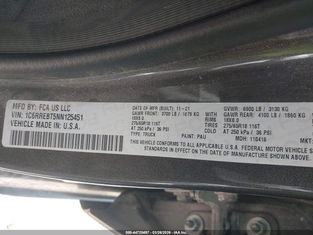 1C6RREBT5NN125451 RAM 1500 Big Horn 4x2 6&#039;4 Box