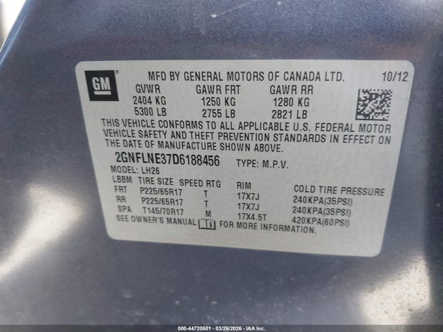 2013 Chevrolet Equinox 2lt მანქანა იყიდება აუქციონზე, vin: 2GNFLNE37D6188456, აუქციონის ნომერი: 44720501