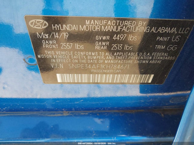 44720504 :رقم المزاد ، 5NPE34AF1KH784671 vin ، 2019 Hyundai Sonata Sel مزاد بيع