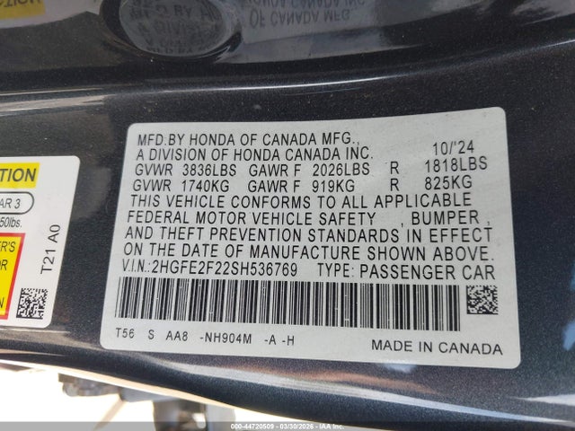 2025 Honda Civic Lx მანქანა იყიდება აუქციონზე, vin: 2HGFE2F22SH536769, აუქციონის ნომერი: 44720509