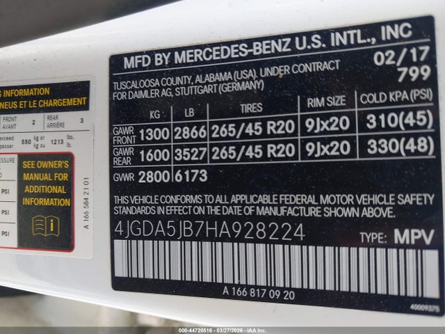 Aukcja sprzedaży 2017 Mercedes-benz Gle 350, vin: 4JGDA5JB7HA928224, numer aukcji: 44720516