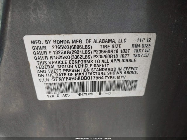 Продажа на аукционе авто 2013 Honda Pilot Ex-l, vin: 5FNYF4H58DB017564, номер лота: 44720522