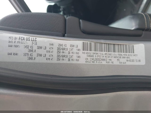 Aukcja sprzedaży 2016 Jeep Grand Cherokee Limited, vin: 1C4RJEBG5GC400012, numer aukcji: 44720543