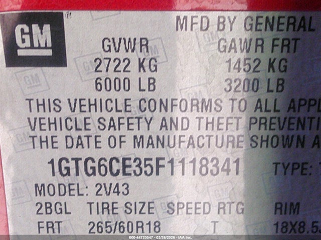 44720547 :رقم المزاد ، 1GTG6CE35F1118341 vin ، 2015 Gmc Canyon Slt مزاد بيع