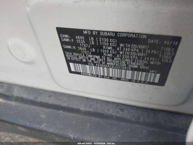 Aukcja sprzedaży 2018 Subaru Outback 2.5i, vin: 4S4BSAAC9J3378878, numer aukcji: 44720552