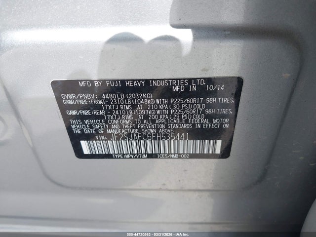 44720563 :رقم المزاد ، JF2SJAFC6FH535441 vin ، 2015 Subaru Forester 2.5i Premium مزاد بيع
