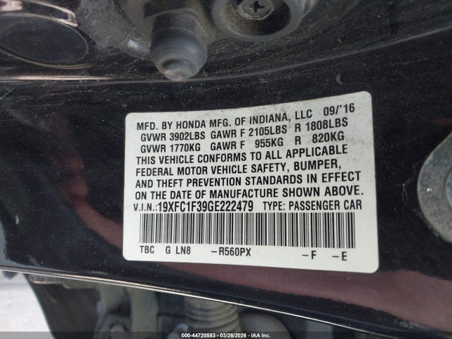 44720583 :رقم المزاد ، 19XFC1F39GE222479 vin ، 2016 Honda Civic Ex-t مزاد بيع