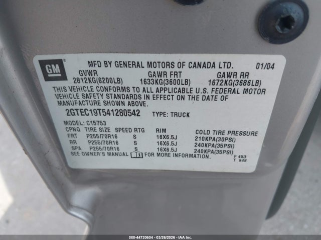 Продаж на аукціоні авто 2004 Gmc Sierra 1500 Sle, vin: 2GTEC19T541280542, номер лоту: 44720604
