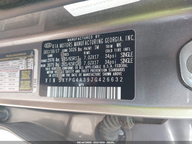 44720608 :رقم المزاد ، 5XYPG4A39JG426632 vin ، 2018 Kia Sorento 2.4l L مزاد بيع