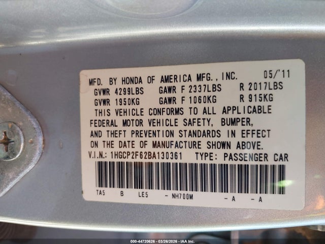 2011 Honda Accord 2.4 Se მანქანა იყიდება აუქციონზე, vin: 1HGCP2F62BA130361, აუქციონის ნომერი: 44720626