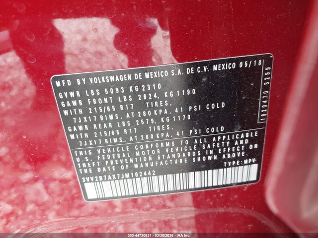 44720631 :رقم المزاد ، 3VV2B7AX7JM162442 vin ، 2018 Volkswagen Tiguan 2.0t Se/2.0t Sel مزاد بيع