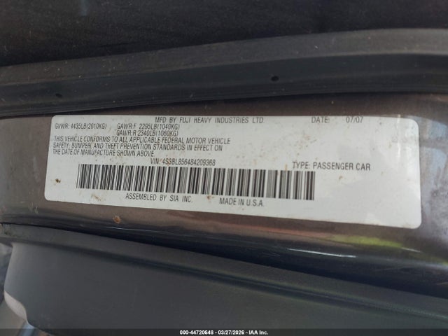 2008 Subaru Legacy 3.0r Limited მანქანა იყიდება აუქციონზე, vin: 4S3BL856484209368, აუქციონის ნომერი: 44720648
