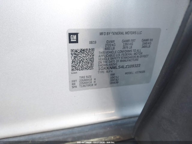 44720656 :رقم المزاد ، 1GKKNMLS4LZ109323 vin ، 2020 Gmc Acadia Fwd Slt مزاد بيع