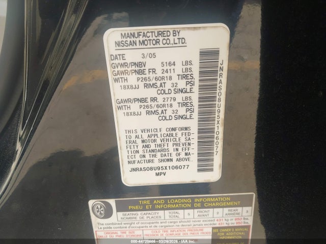 44720666 :رقم المزاد ، JNRAS08U95X106077 vin ، 2005 Infiniti Fx35 مزاد بيع