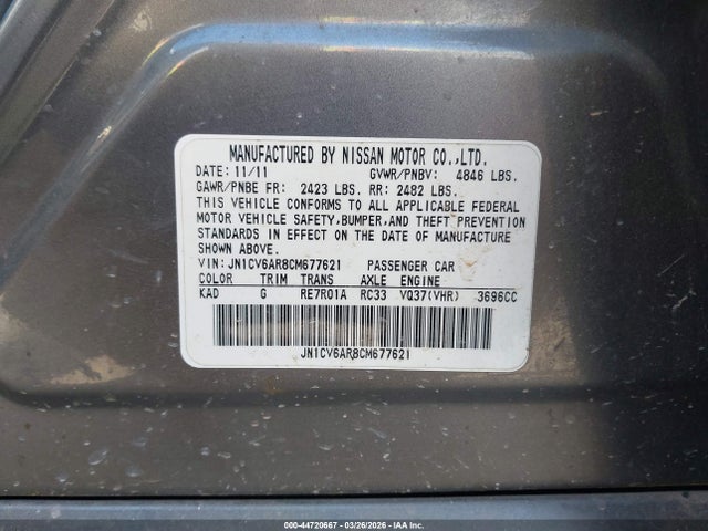 44720667 :رقم المزاد ، JN1CV6AR8CM677621 vin ، 2012 Infiniti G37x مزاد بيع