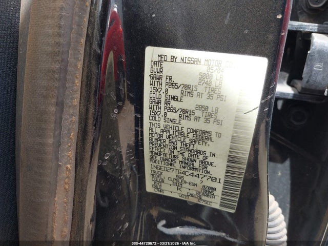 44720672 :رقم المزاد ، 1N6ED27T64C447701 vin ، 2004 Nissan Frontier Xe-v6 مزاد بيع