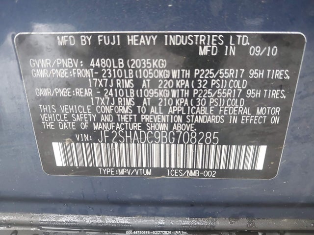 2011 Subaru Forester 2.5x Premium მანქანა იყიდება აუქციონზე, vin: JF2SHADC9BG708285, აუქციონის ნომერი: 44720678