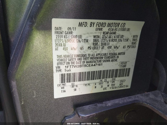 Продажа на аукционе авто 2012 Ford F-250 Lariat, vin: 1FT7W2BT5CEA47161, номер лота: 44720680
