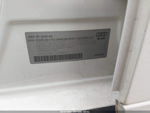 Продажа на аукционе авто 2005 Audi A4 1.8t, vin: WAULC68E15A005827, номер лота: 44720685
