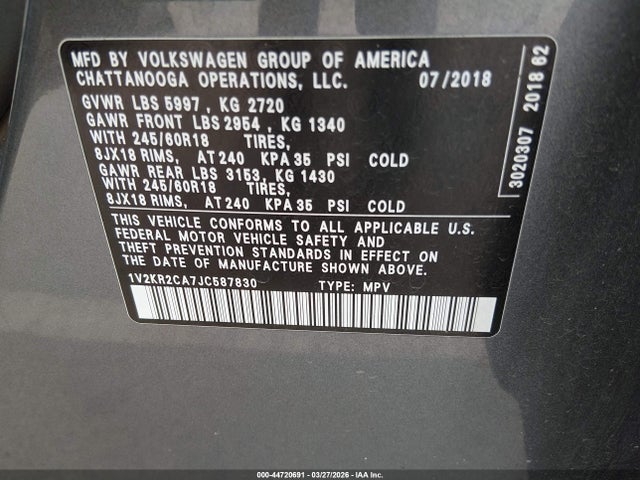 Продажа на аукционе авто 2018 Volkswagen Atlas 3.6l V6 Se, vin: 1V2KR2CA7JC587830, номер лота: 44720691
