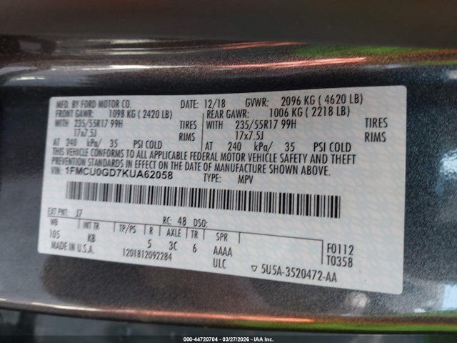 Продажа на аукционе авто 2019 Ford Escape Se, vin: 1FMCU0GD7KUA62058, номер лота: 44720704
