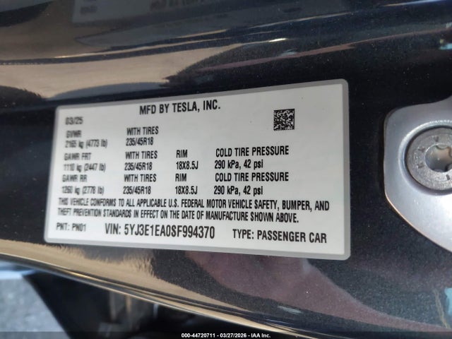 Aukcja sprzedaży 2025 Tesla Model 3 Long Range Rear-wheel Drive/standard Rear-wheel Drive, vin: 5YJ3E1EA0SF994370, numer aukcji: 44720711