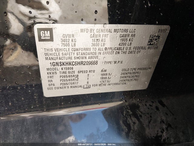 Chevrolet Suburban Lt 2017 1GNSKHKC6HR209668 Image 9