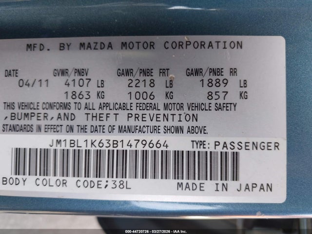 44720726 :رقم المزاد ، JM1BL1K63B1479664 vin ، 2011 Mazda Mazda3 S Sport مزاد بيع
