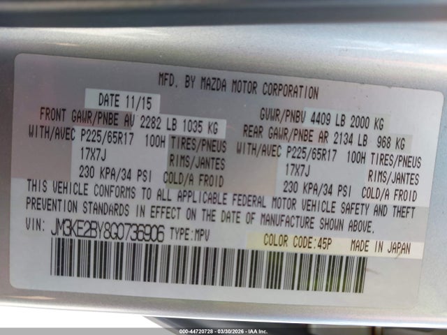 44720728 :رقم المزاد ، JM3KE2BY8G0736906 vin ، 2016 Mazda Cx-5 Sport مزاد بيع