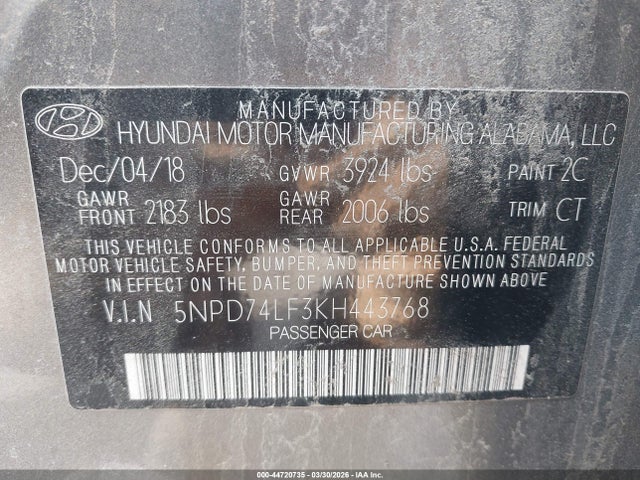 Продаж на аукціоні авто 2019 Hyundai Elantra Se, vin: 5NPD74LF3KH443768, номер лоту: 44720735