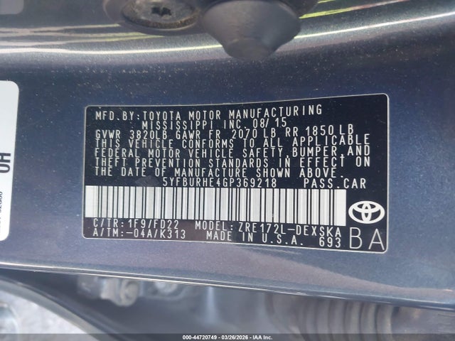 5YFBURHE4GP369218 Toyota Corolla S Plus