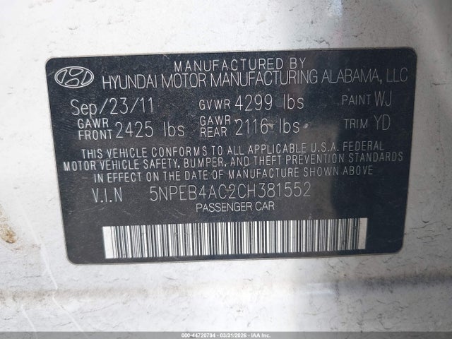 2012 Hyundai Sonata Gls მანქანა იყიდება აუქციონზე, vin: 5NPEB4AC2CH381552, აუქციონის ნომერი: 44720794