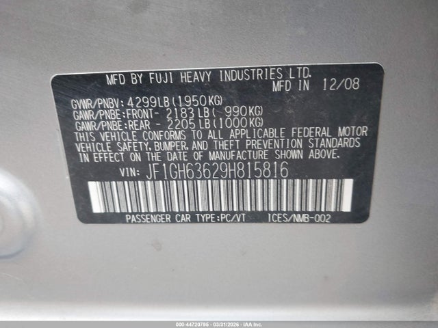 Aukcja sprzedaży 2009 Subaru Impreza Outback Sport, vin: JF1GH63629H815816, numer aukcji: 44720795