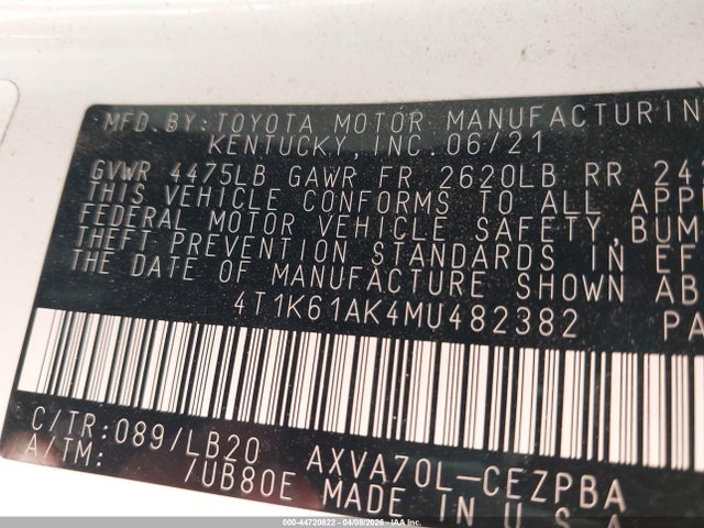 4T1K61AK4MU482382 Toyota CAMRY XSE