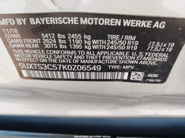 2019 Bmw X3 M40i მანქანა იყიდება აუქციონზე, vin: 5UXTS3C57K0Z06549, აუქციონის ნომერი: 44720842