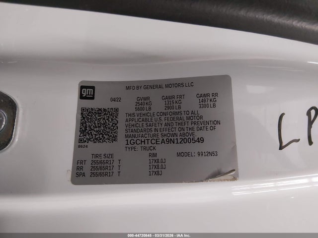 Aukcja sprzedaży 2022 Chevrolet Colorado 4wd  Long Box Lt, vin: 1GCHTCEA9N1200549, numer aukcji: 44720845