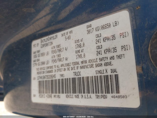 Продажа на аукционе авто 2003 Dodge Ram 1500 Slt/laramie/st, vin: 1D7HA18N73S339245, номер лота: 44720857