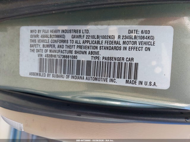 2003 Subaru Outback მანქანა იყიდება აუქციონზე, vin: 4S3BH675736661080, აუქციონის ნომერი: 44720860