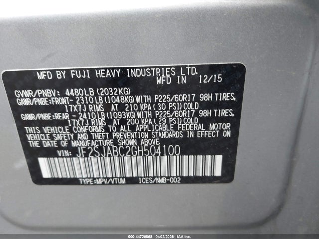 Продаж на аукціоні авто 2016 Subaru Forester 2.5i, vin: JF2SJABC2GH504100, номер лоту: 44720868