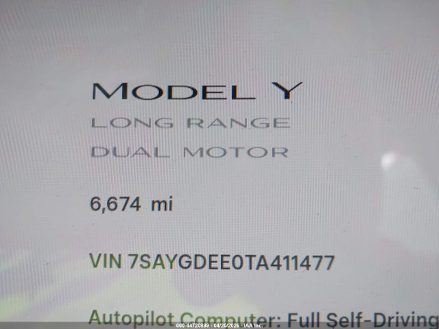 Продаж на аукціоні авто 2026 Tesla Model Y, vin: 7SAYGDEE0TA411477, номер лоту: 44720889