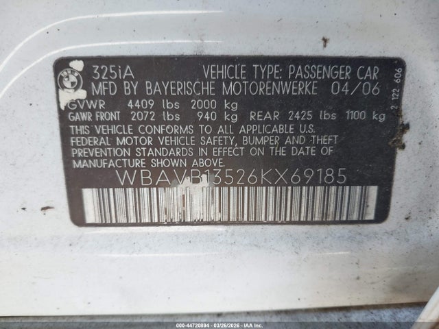 Продаж на аукціоні авто 2006 Bmw 325i, vin: WBAVB13526KX69185, номер лоту: 44720894