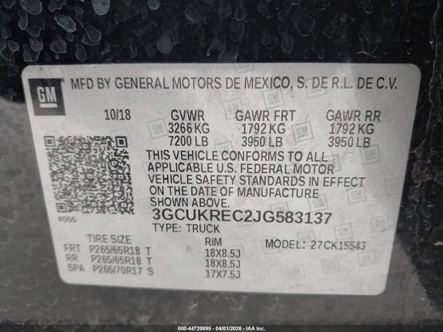 Aukcja sprzedaży 2018 Chevrolet Silverado 1500 2lt, vin: 3GCUKREC2JG583137, numer aukcji: 44720895