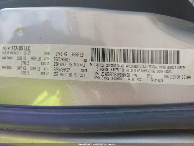 Продаж на аукціоні авто 2018 Dodge Grand Caravan Gt, vin: 2C4RDGEG8JR150438, номер лоту: 44720901