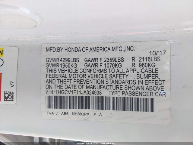 44720911 :رقم المزاد ، 1HGCV1F11JA024938 vin ، 2018 Honda Accord Lx مزاد بيع